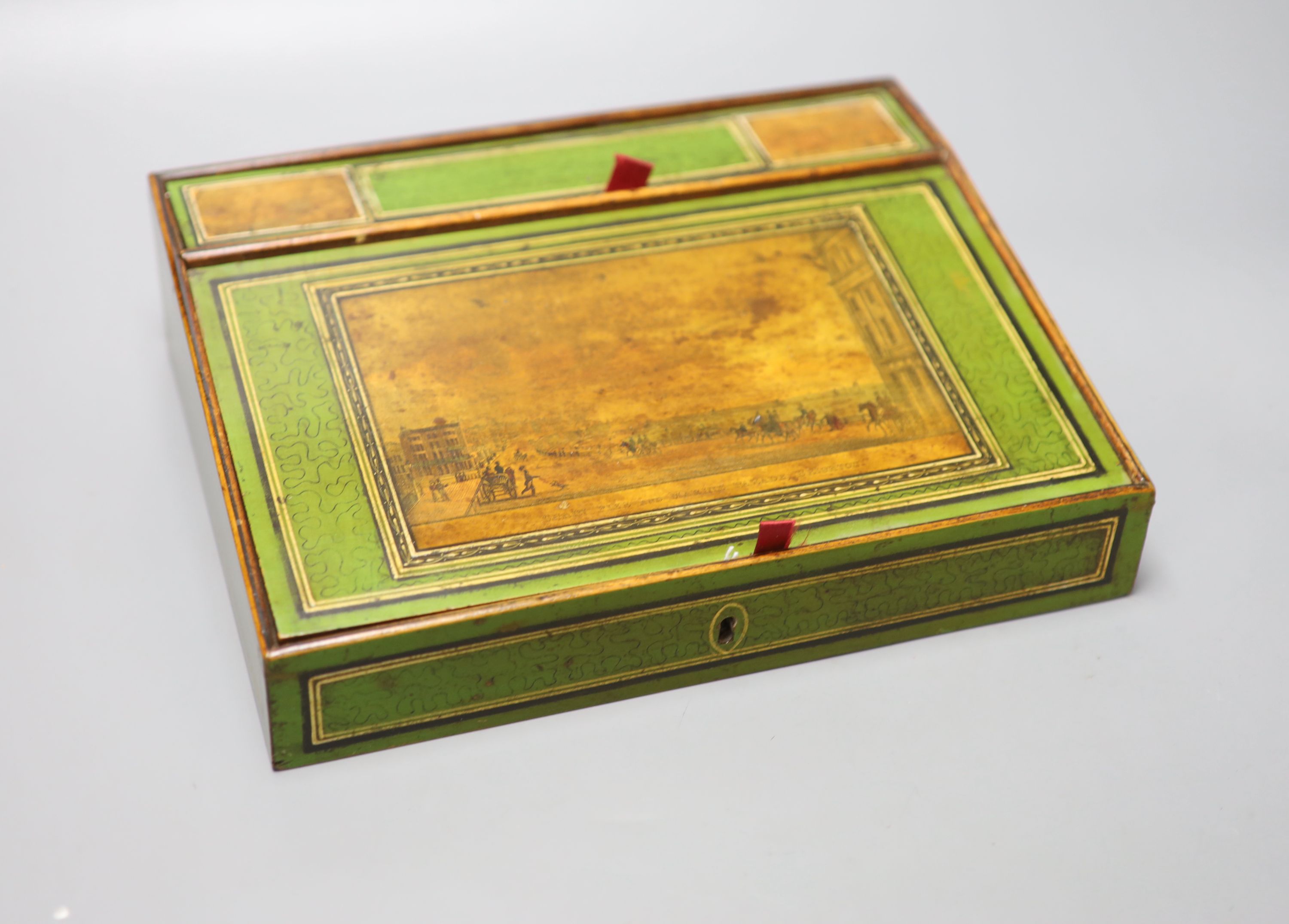 An early Tunbridge ware green japanned writing slope, 28.5cm, with views of Marine Parade, Brighton and East Front of Pavilion